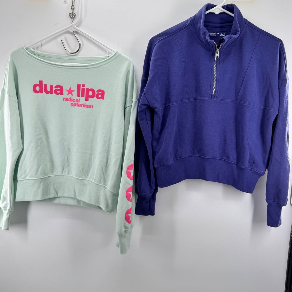 Abercrombie Kids Sweatshirt Lot 13/14 Dua Lipa Cotton Graphic 1/4 Zip Blue